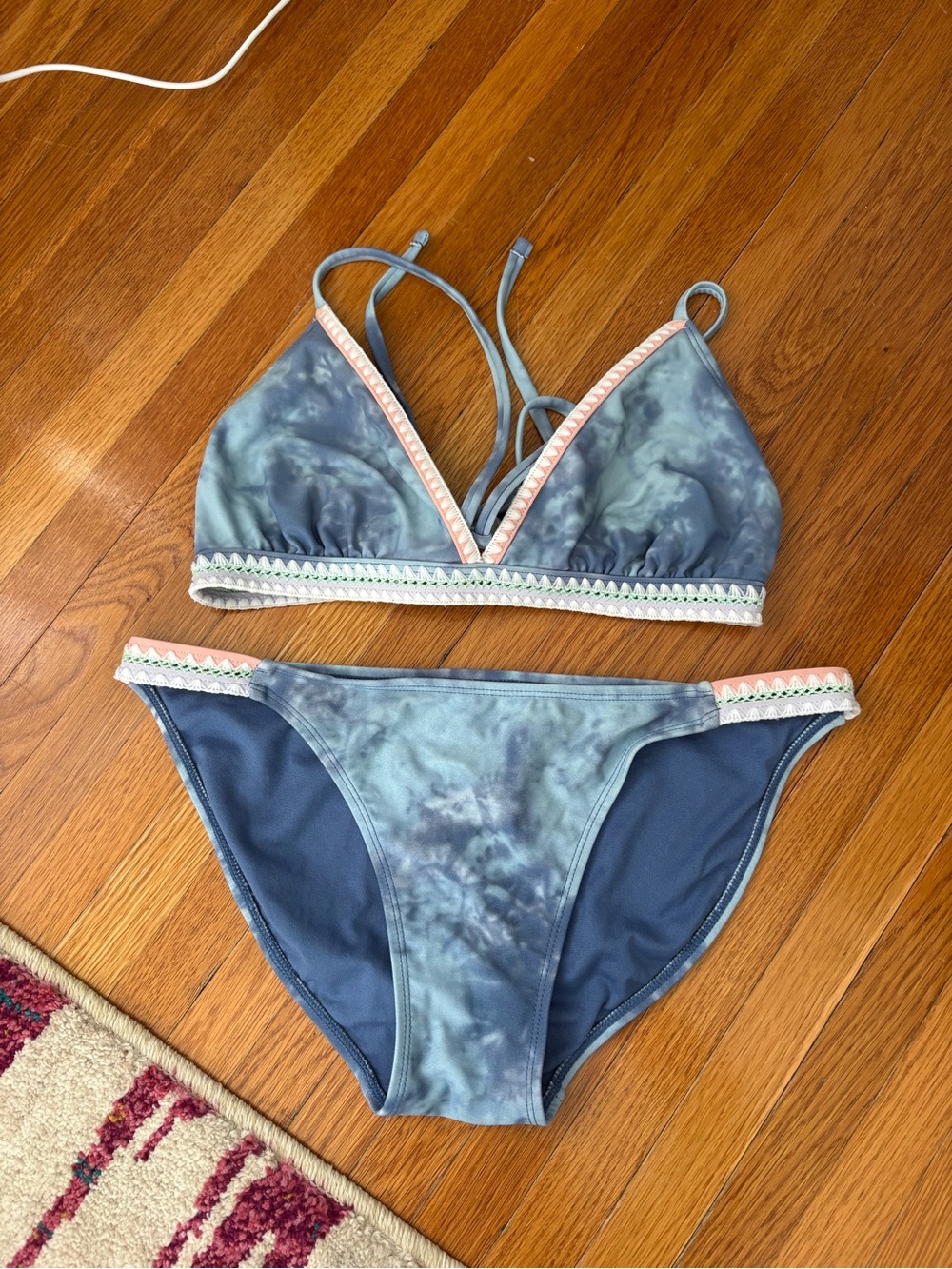 Xhilaration Blue Tie-Dye Bikini with Pink and Purple Trim with Mint Accents
